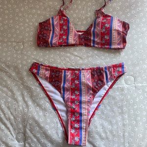 Red multicolored high wasted bikini romwe shein
